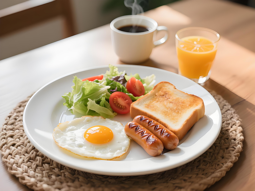 美食摄影煎蛋烤香肠烤吐司片生菜与西红柿组成的沙拉早餐摆拍