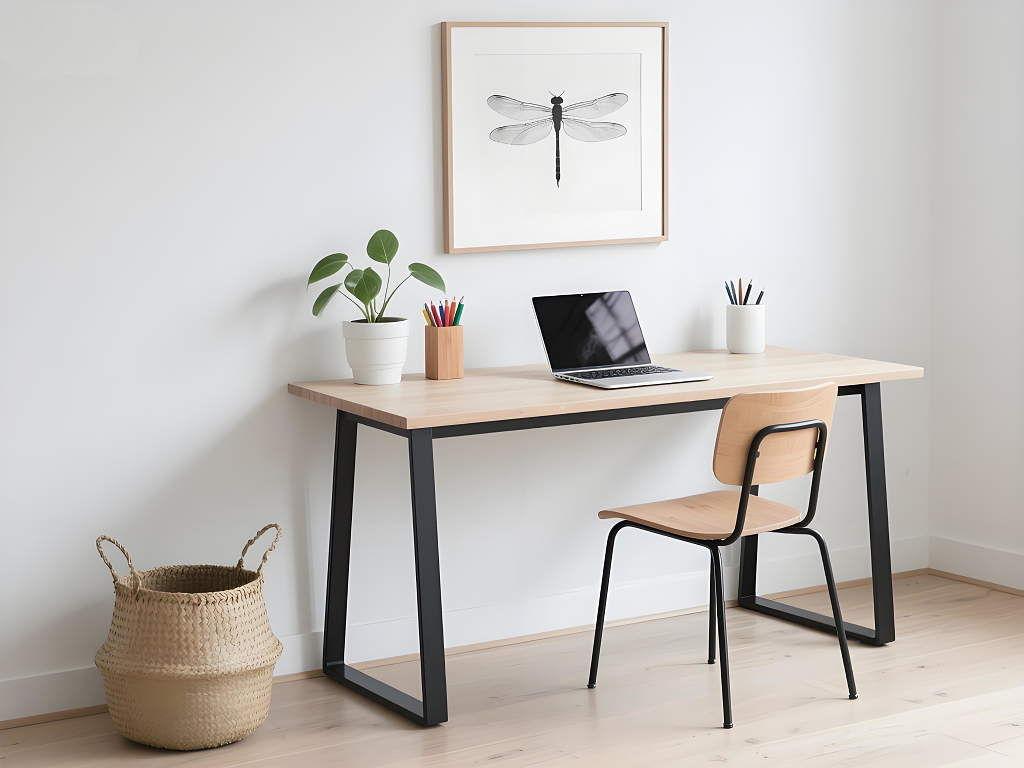 北欧极简风室内设计办公空间简约浅色木质书桌笔记本电脑工作环境