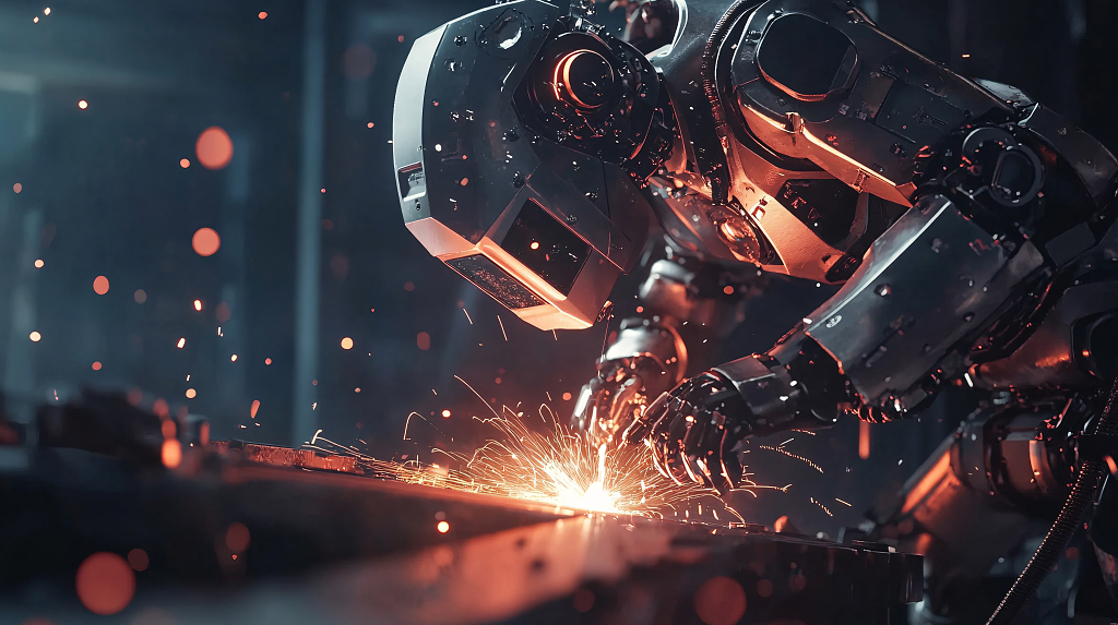 机器人在火花四溅中进行焊接作业