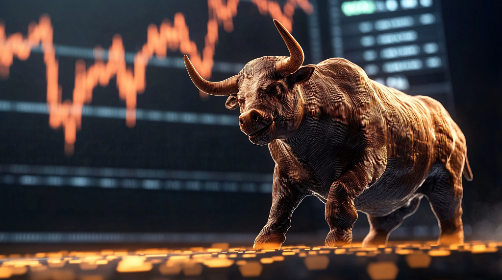 公牛象征股市上涨，背景中的图表显示市场波动与增长趋势
