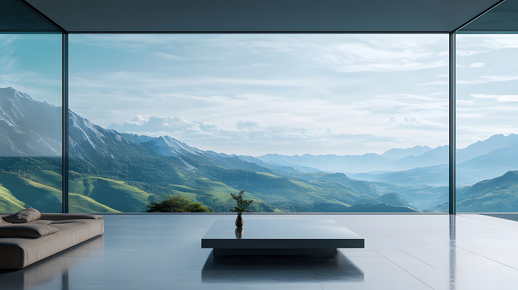 现代简约客厅，全景落地窗尽览壮丽山景