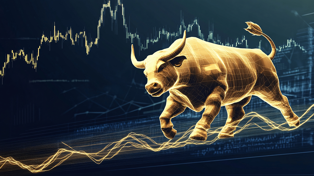金色公牛在数据图表中奔跑，象征着股市的强劲上涨和经济繁荣。