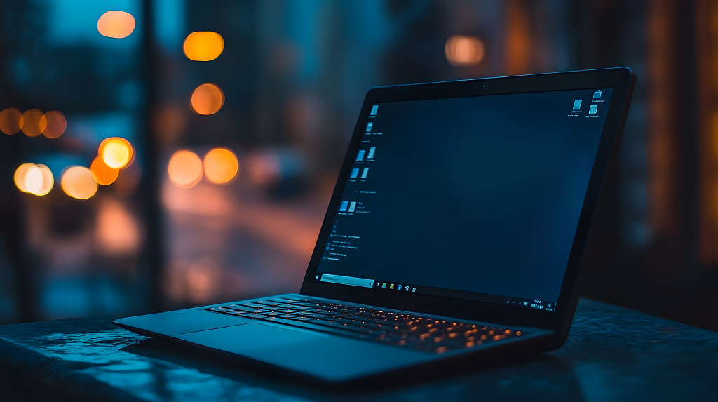 笔记本电脑在昏暗的环境中亮起，屏幕显示文件夹界面