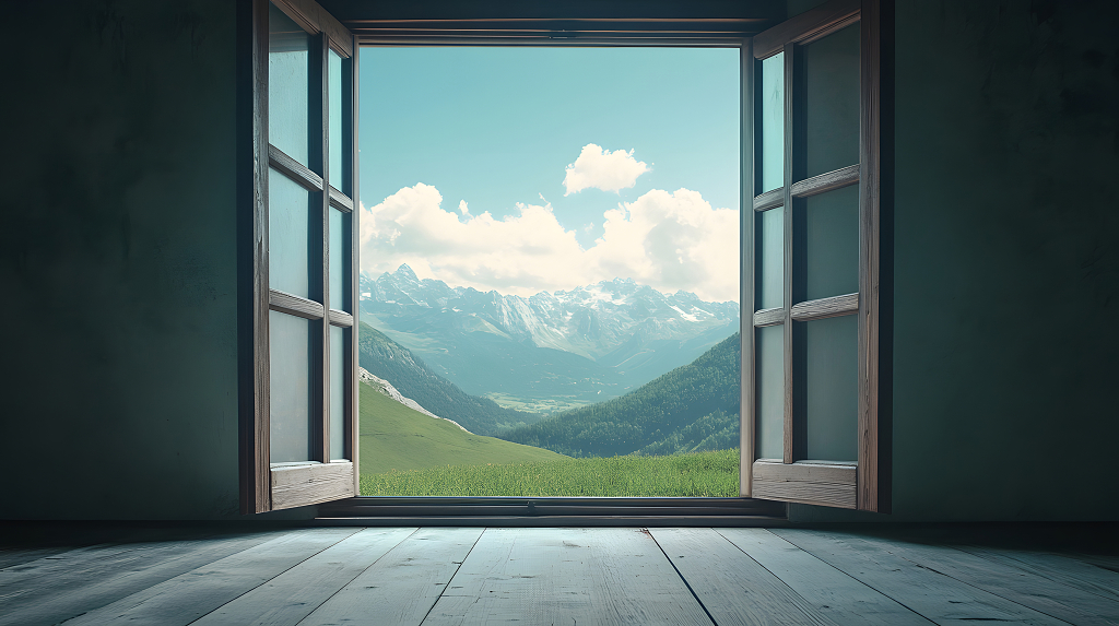 打开的窗户映入眼帘的是壮丽的雪山和翠绿的山谷