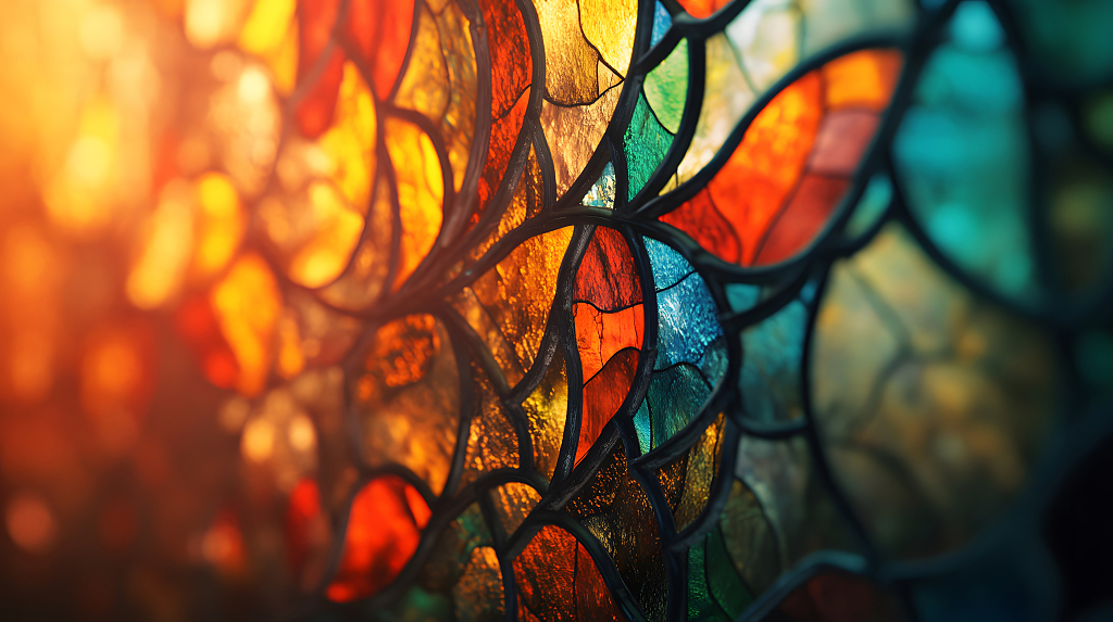 彩色玻璃窗在阳光下闪耀，斑斓的色彩交织出一幅绚丽的艺术画卷