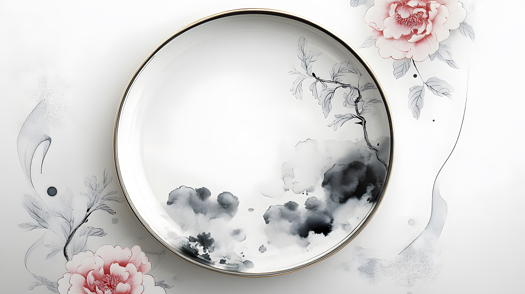 精美的陶瓷盘，水墨花卉装饰，展现东方艺术的优雅与宁静