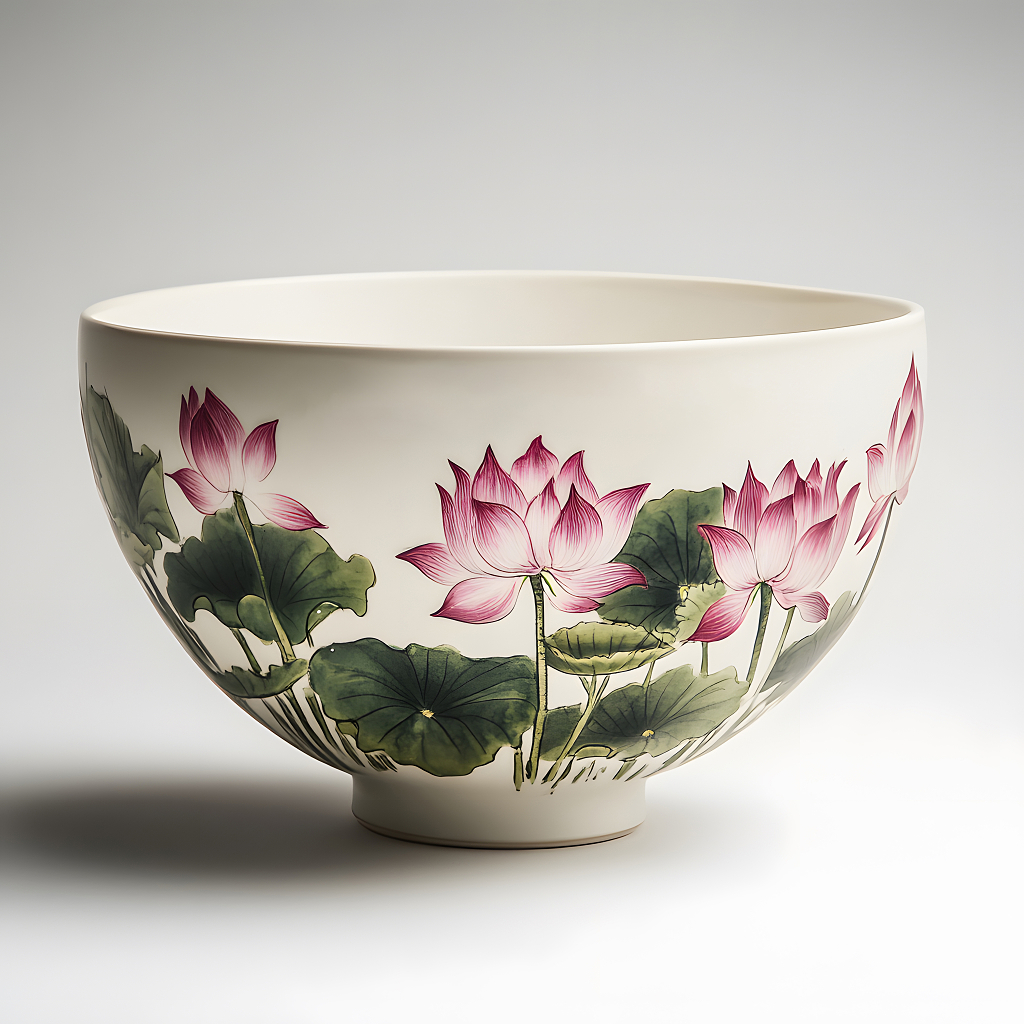 精美的陶瓷碗上绘有粉色莲花与绿叶，展现了优雅与自然的完美结合