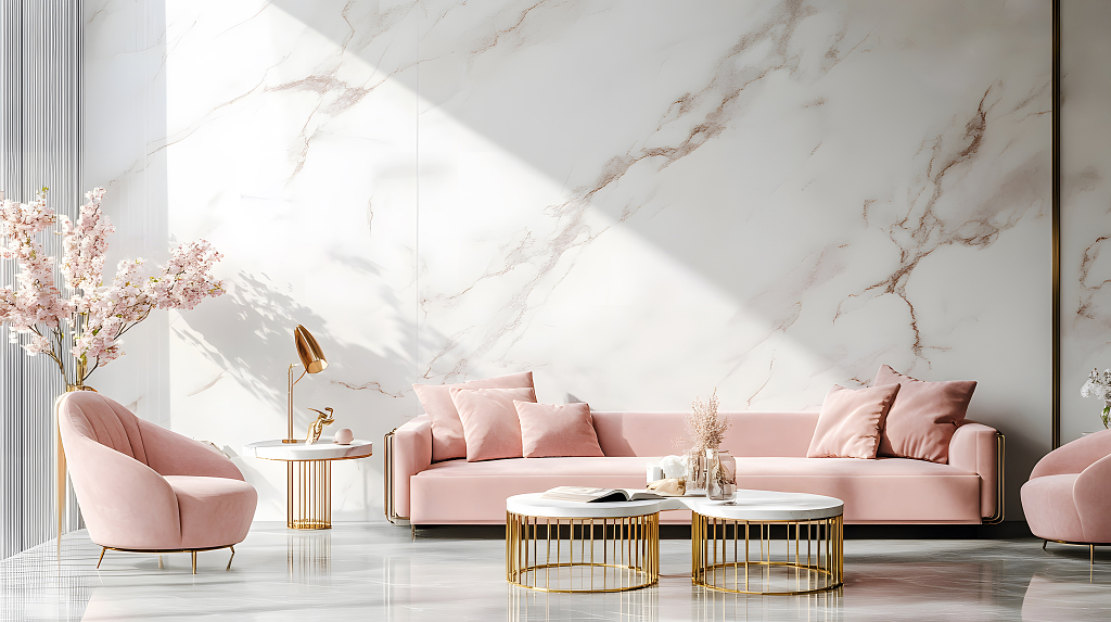 粉色与金色的现代客厅设计，大理石墙面和家具搭配