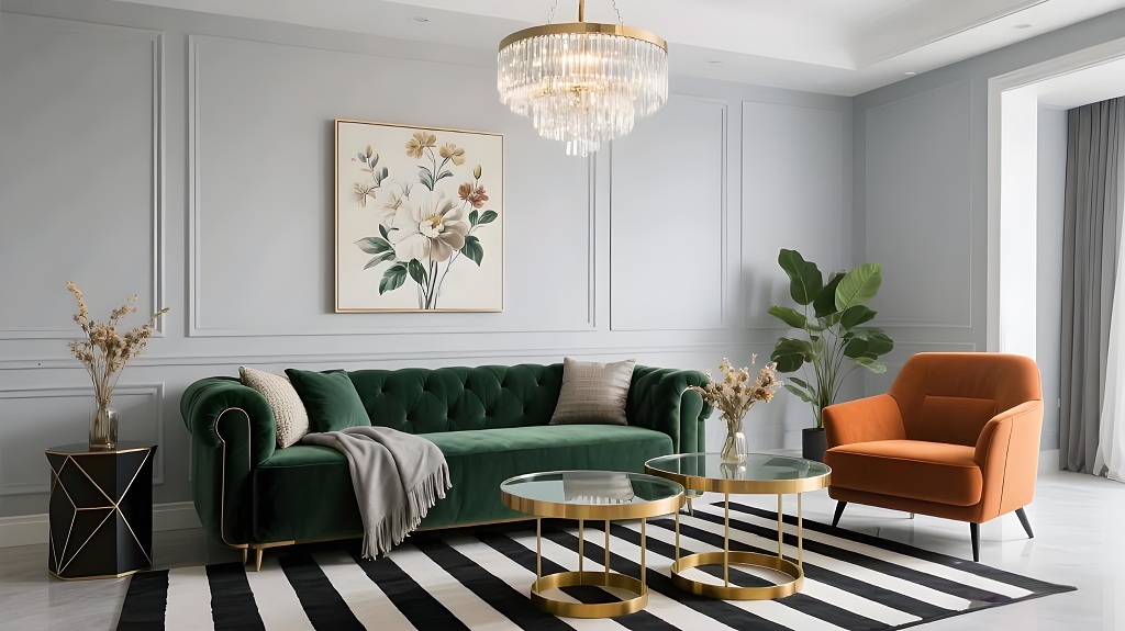 室内设计轻奢客厅空间摄影墨绿色沙发金色元素搭配的客厅时尚高级