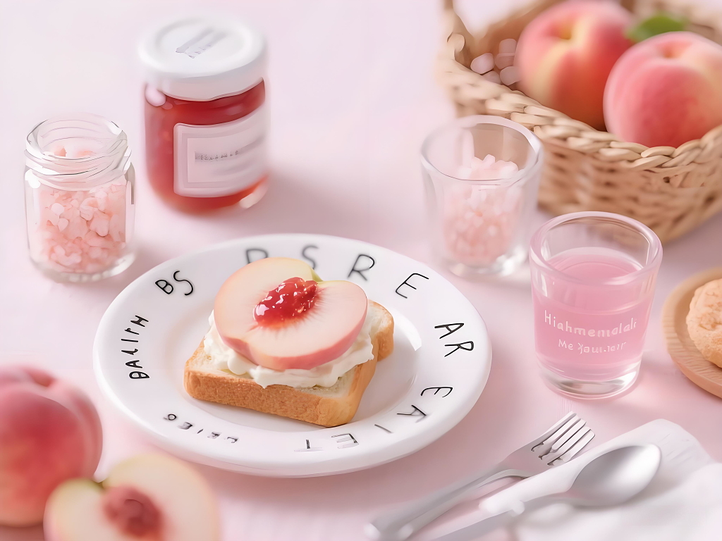 风格清新甜美蜜桃主题美食摄影呈现粉色系水蜜桃餐食吐司果酱饮品