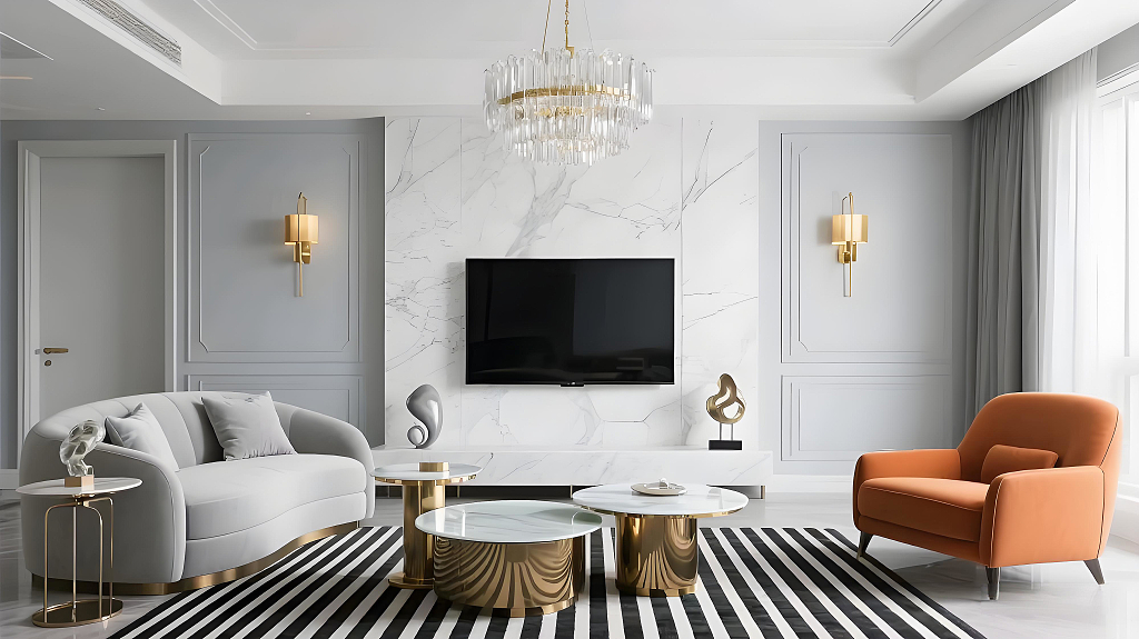 现代简约风格客厅灰白主色调搭配金色装饰大理石电视墙水晶吊灯