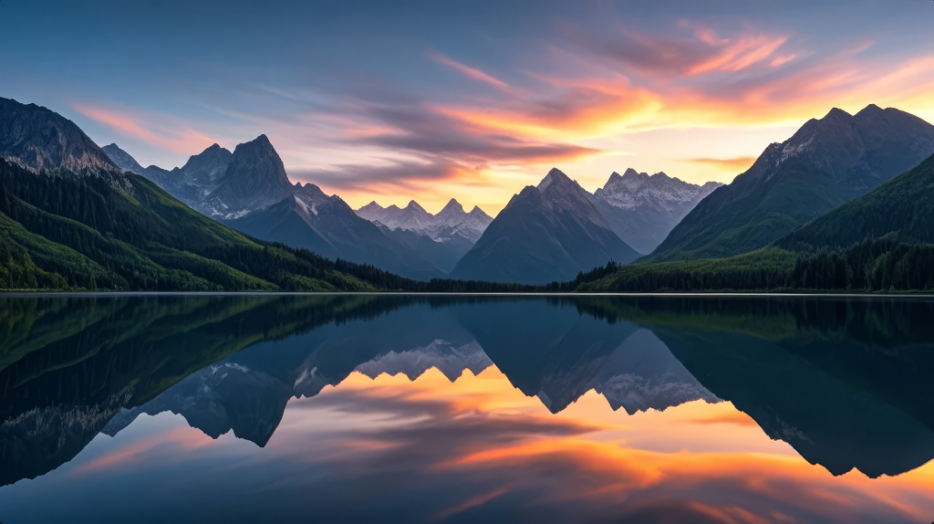 湖泊雪山日落倒影晚霞壮丽自然风光背景图