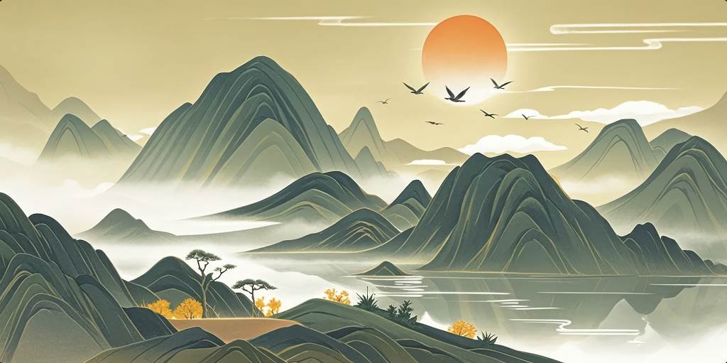 中国风水墨山水画飞鸟日出意境禅意背景图