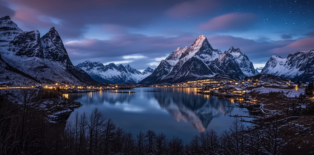 冬夜雪山村庄灯光湖面倒影星空奇幻背景图