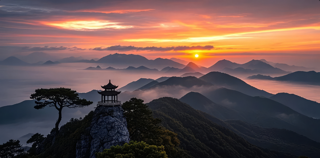 秋分重阳节山顶亭子云海日出中国风壮丽背景