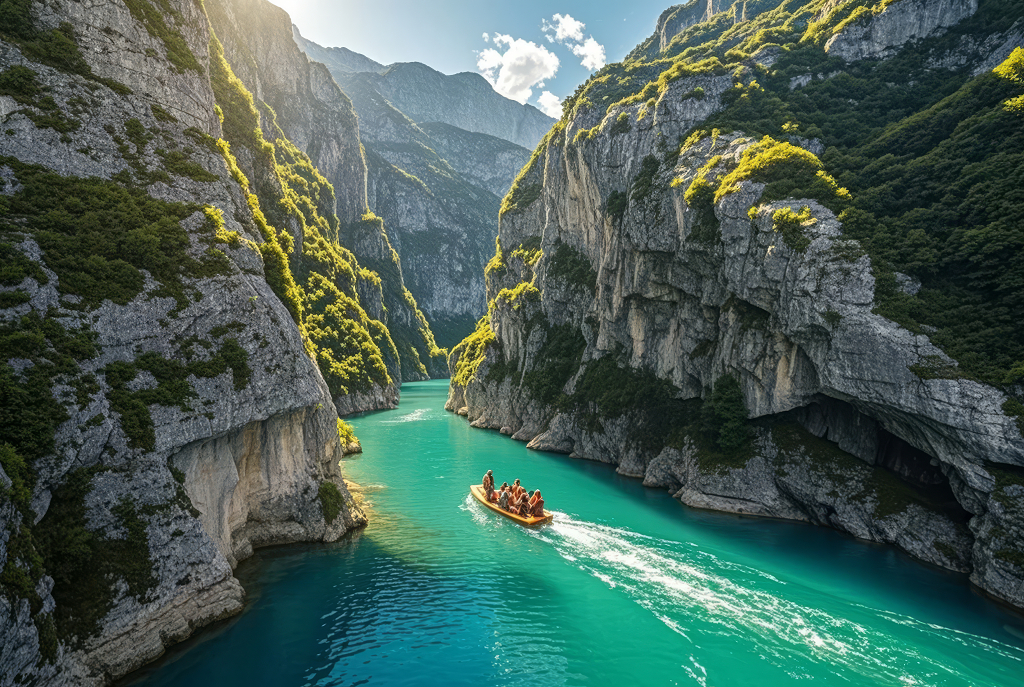 夏至节气峡谷游船碧水青山探险旅游风光背景