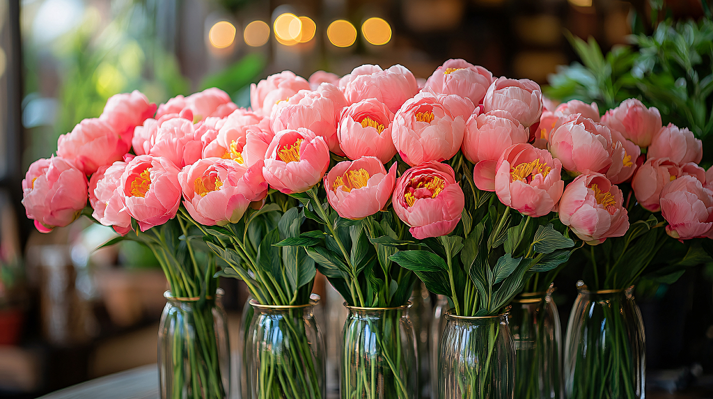 粉色牡丹花在透明玻璃瓶中绽放，营造出温馨浪漫的氛围