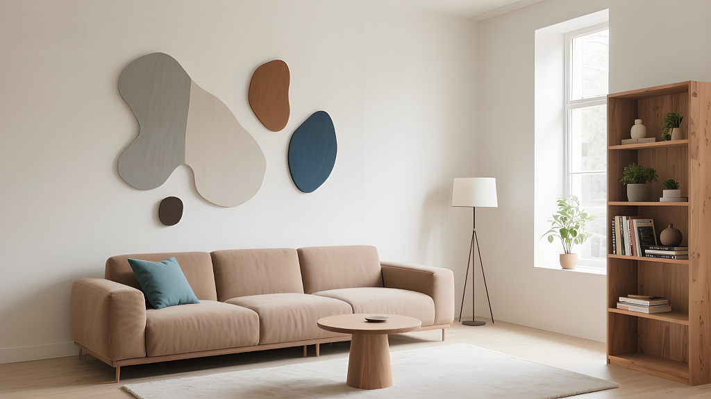 北欧风客厅空间室内效果图浅色调米色沙发绿植营造温馨感客厅场景