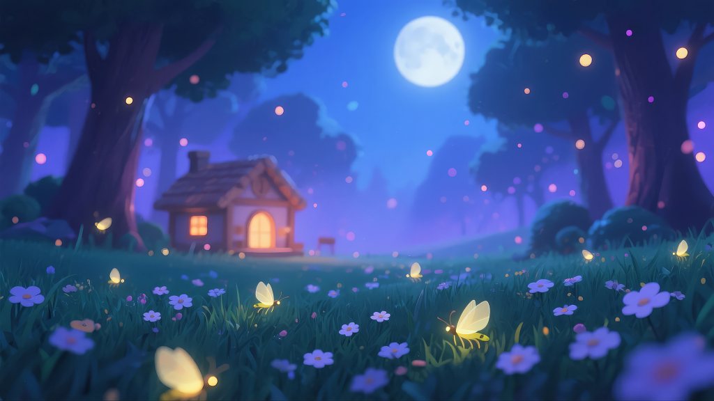 梦幻森林萤火虫月夜奇幻童话插画背景图