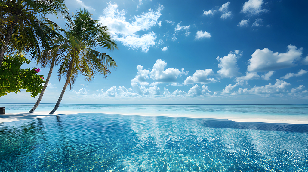 无边泳池与海景相连椰林蓝天白云度假胜地