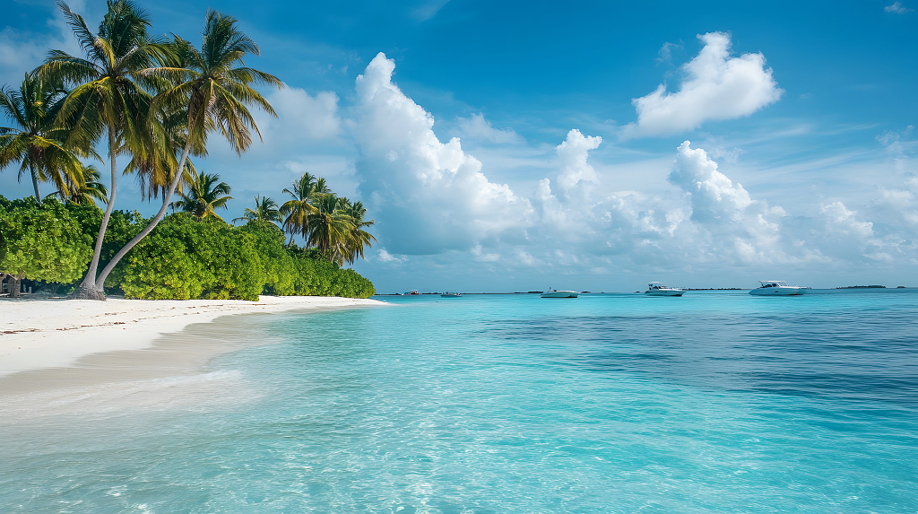 椰林白沙海滩碧海蓝天游艇点缀热带风光