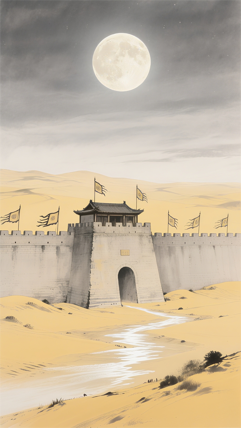 边疆沙漠月色下城楼风景图