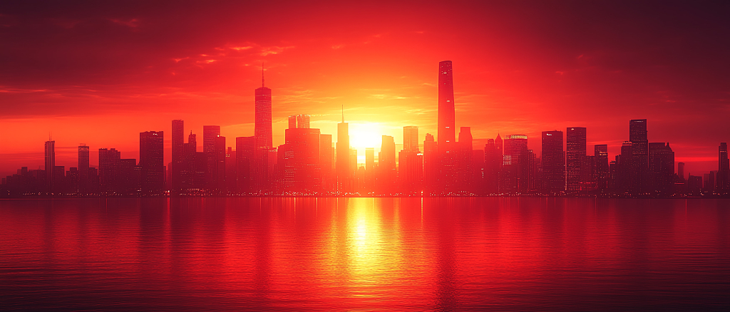 红色主题夕阳建筑水面背景