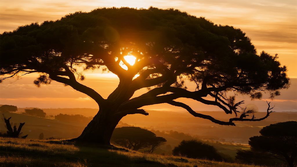 日落非洲草原大树剪影生命力自然背景图
