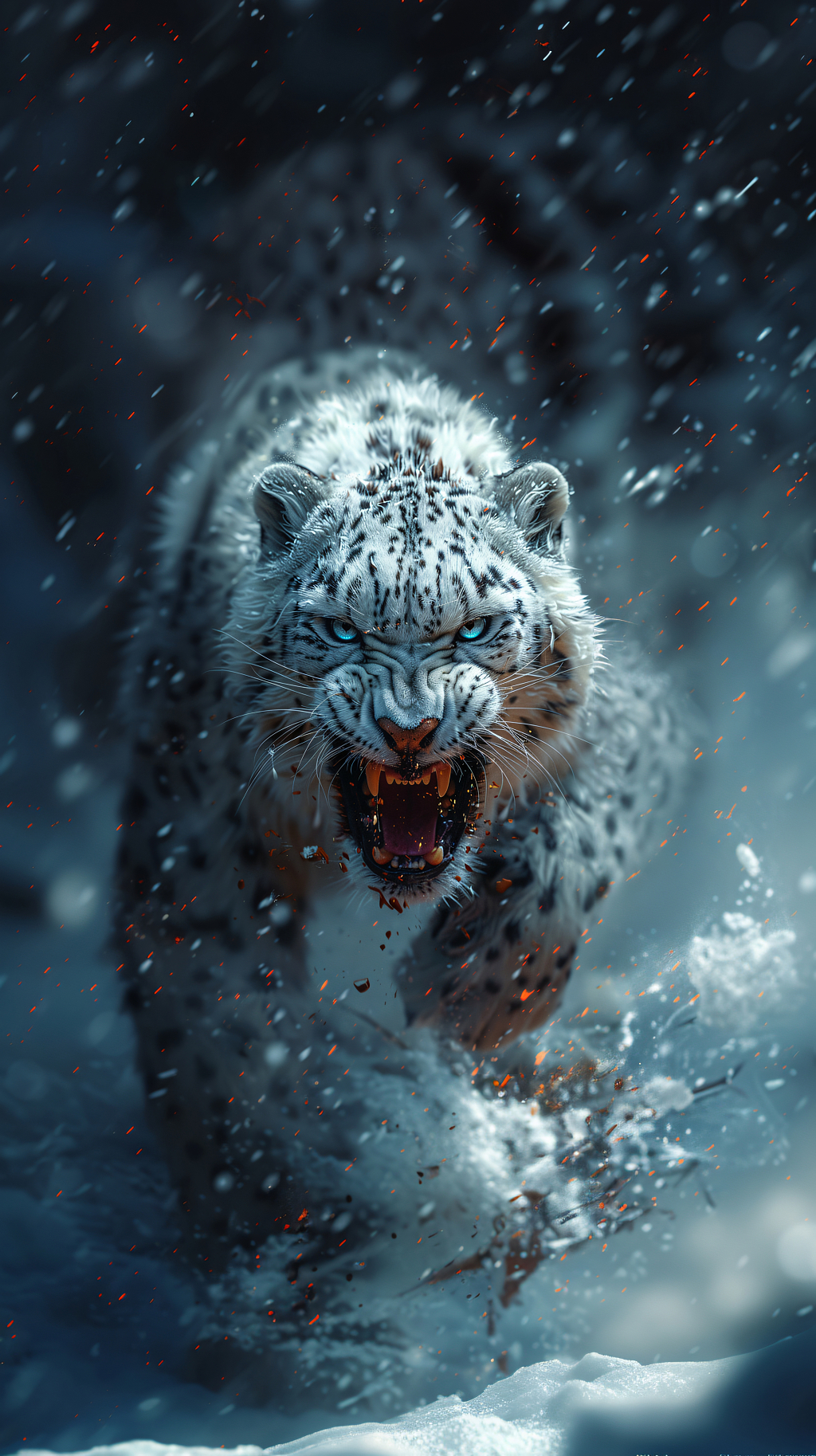 雪豹雪地咆哮周身雪花飞溅气势汹汹
