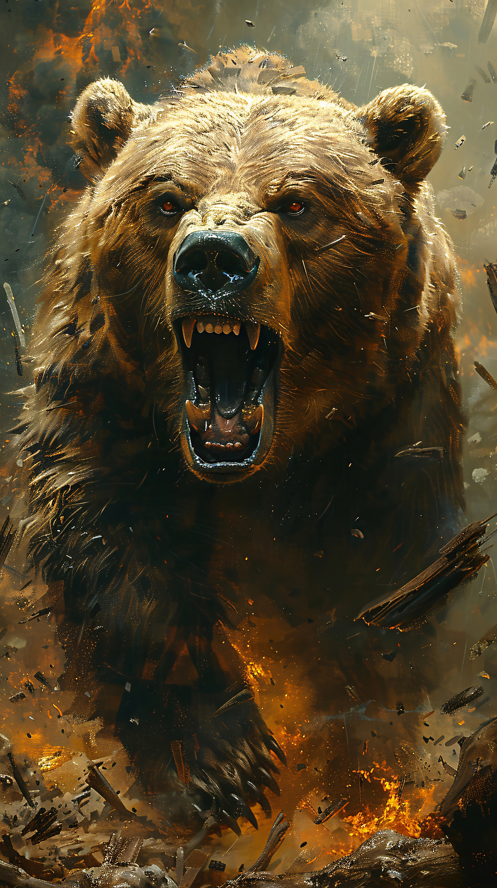 咆哮棕熊身处火焰与碎木间气势汹汹