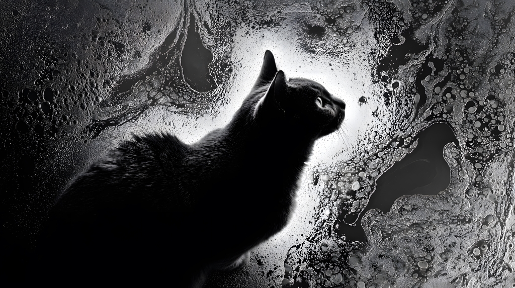 黑猫剪影在光影交错中呈现神秘轮廓的黑白艺术海报