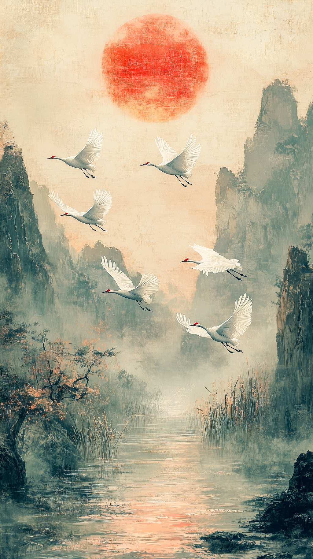 二十四节气白露中国水墨风山水鸟手机背景