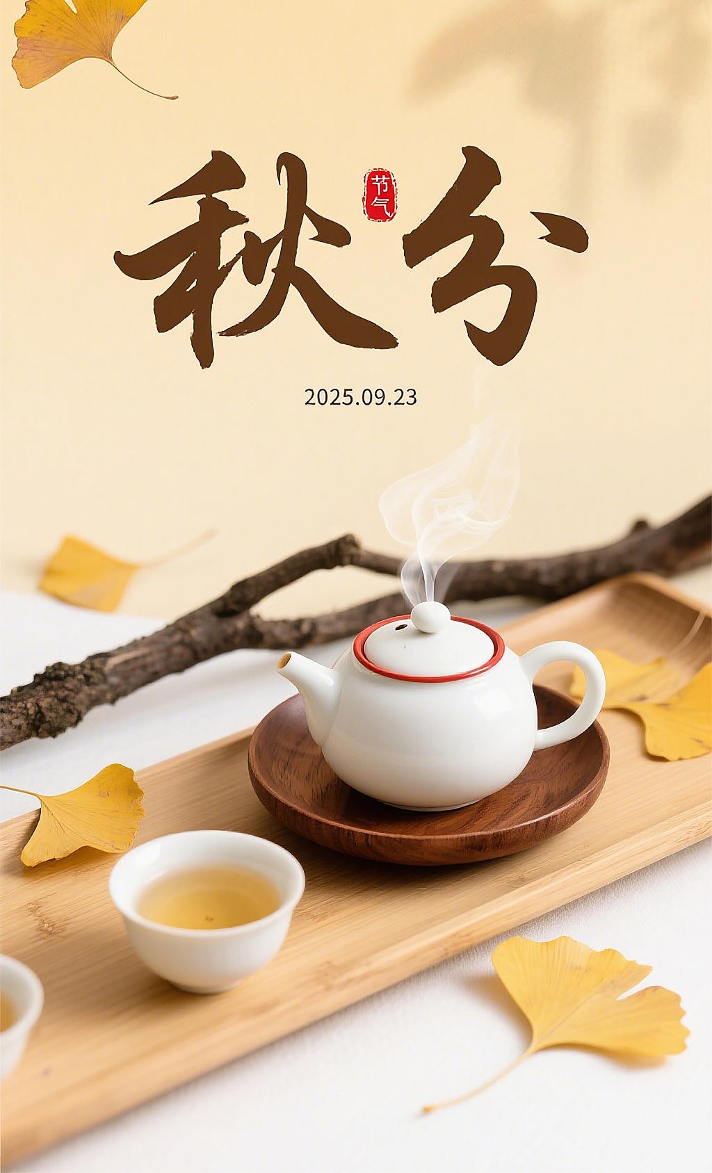 秋分时节浅黄背景银杏叶飘落茶具置木盘茶壶飘着热气秋日品茶氛围