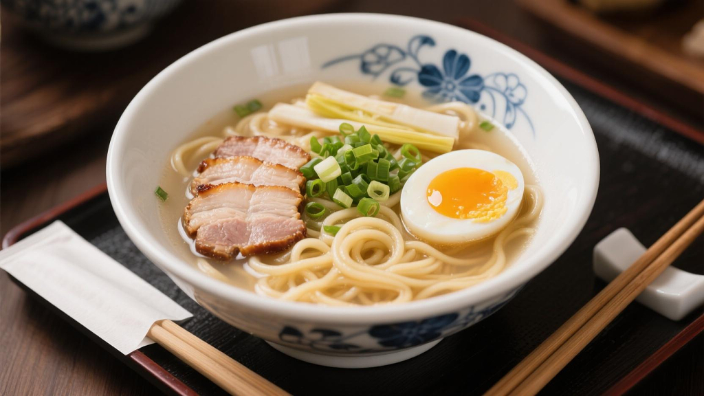 日式叉烧拉面静物特写：溏心蛋与葱花点缀的暖心美味