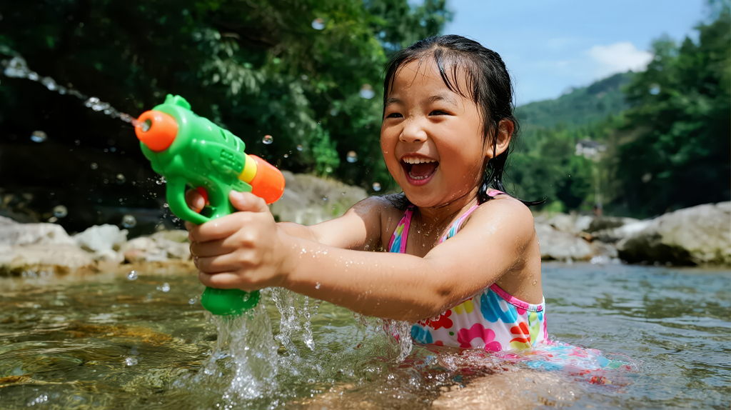 夏日女孩溪流玩水枪童年快乐暑假生活