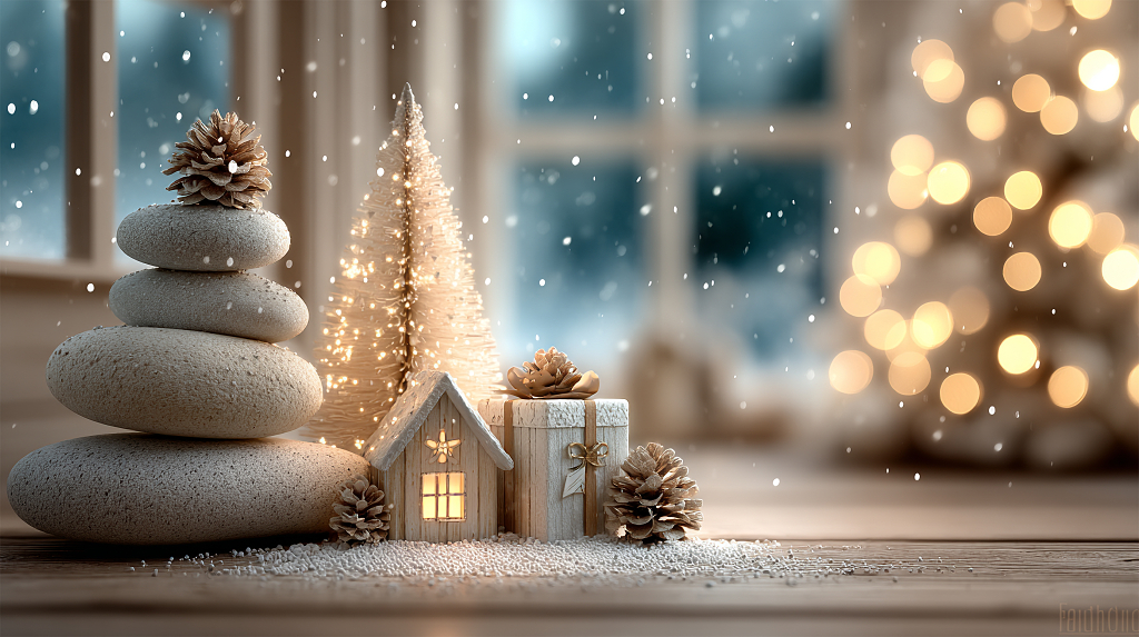 室内圣诞布置有石堆小树小房礼物很治愈