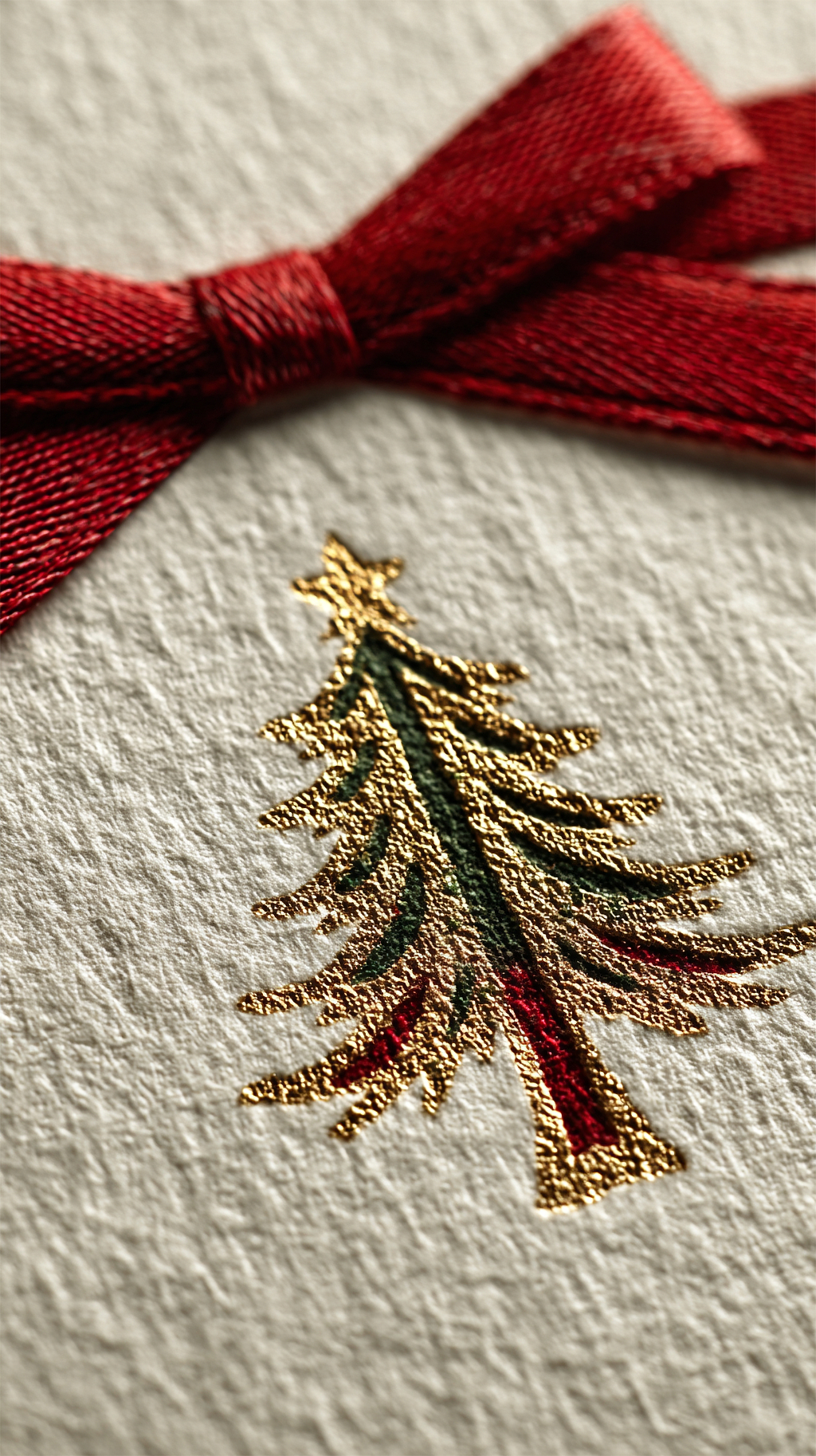 带有金色圣诞树刺绣与红丝带的织物显圣诞精致