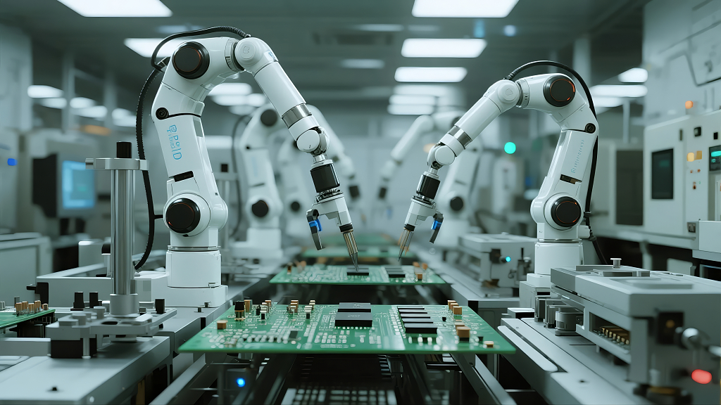 工业4.0机械臂自动化生产线科技背景图