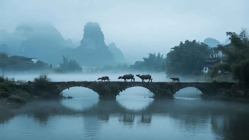 桂林山水牧童水牛晨雾水墨画风光背景