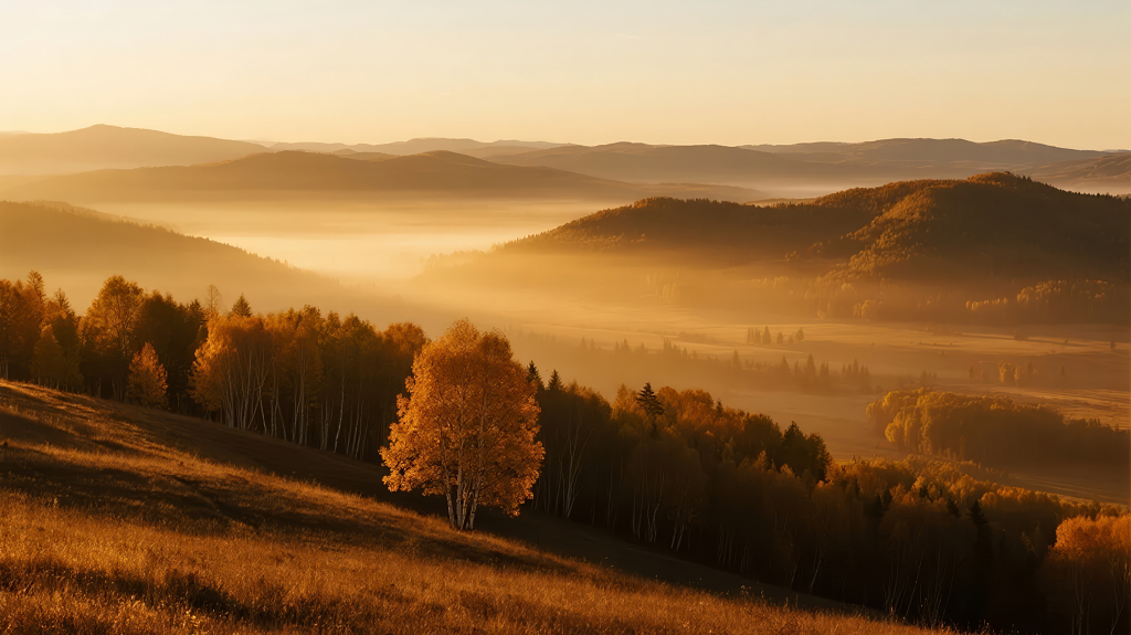秋季山峦晨雾日出壮丽唯美自然风光背景