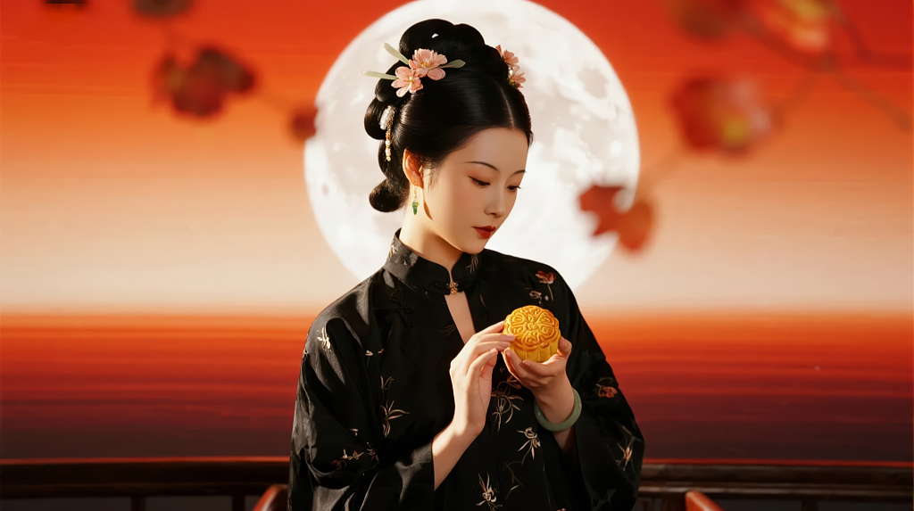 中秋节日本艺妓赏月和风传统文化人像背景