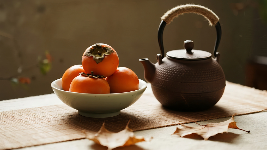 秋分白露柿子茶壶禅意生活静物背景图