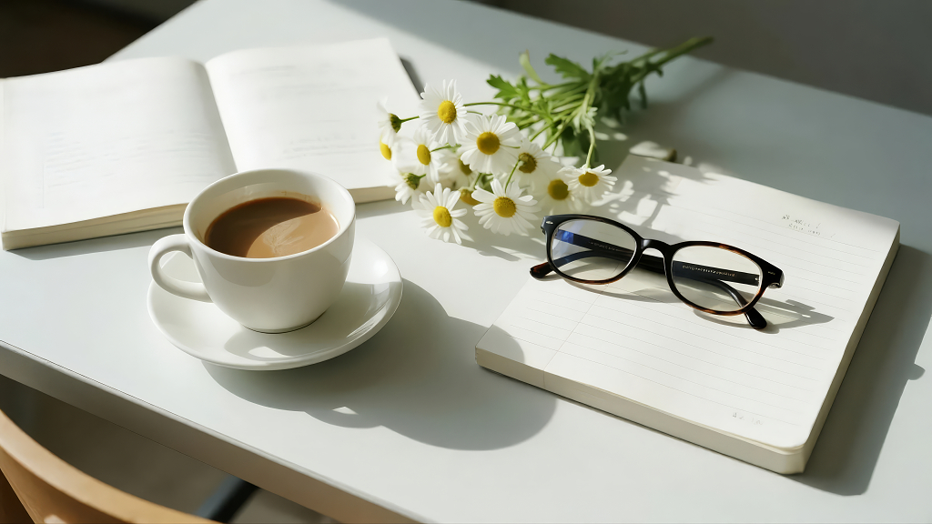 咖啡笔记本眼镜鲜花桌面休闲生活背景