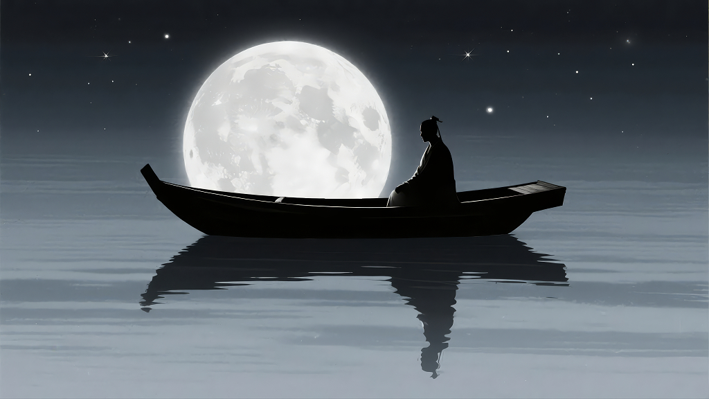 中秋节孤舟赏月思乡孤独禅意水墨风
