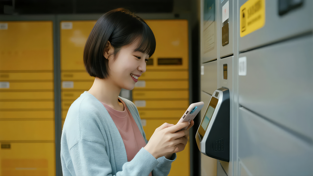 女子使用智能快递柜取件便利生活背景