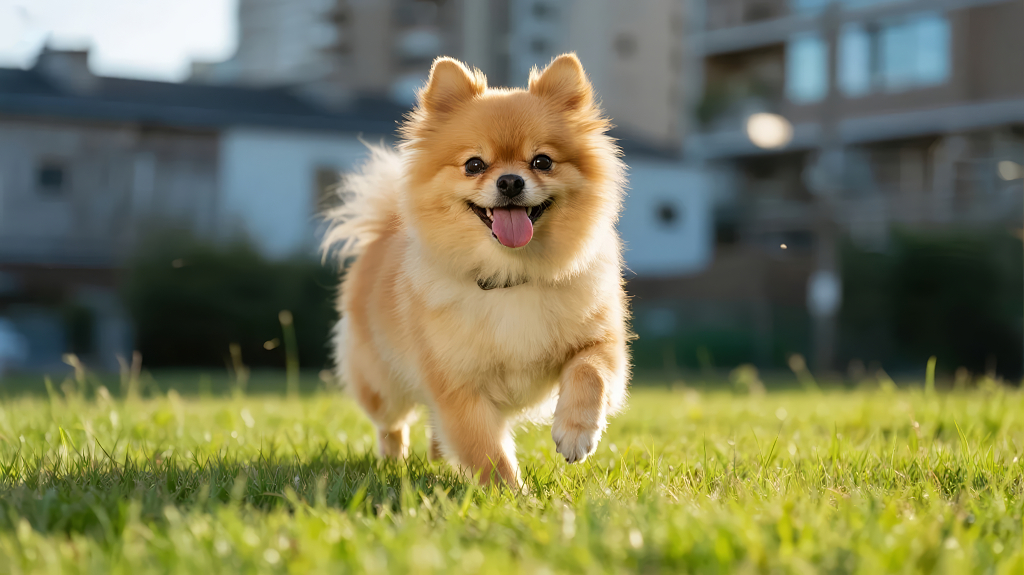 博美犬草地奔跑可爱宠物治愈生活背景图