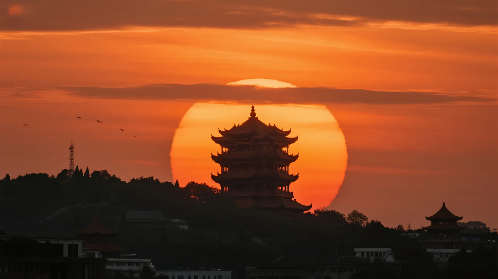 雷峰塔日落剪影西湖壮丽风景旅游背景