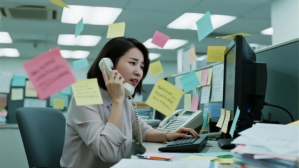 职业女性办公室电话便利贴繁忙工作背景