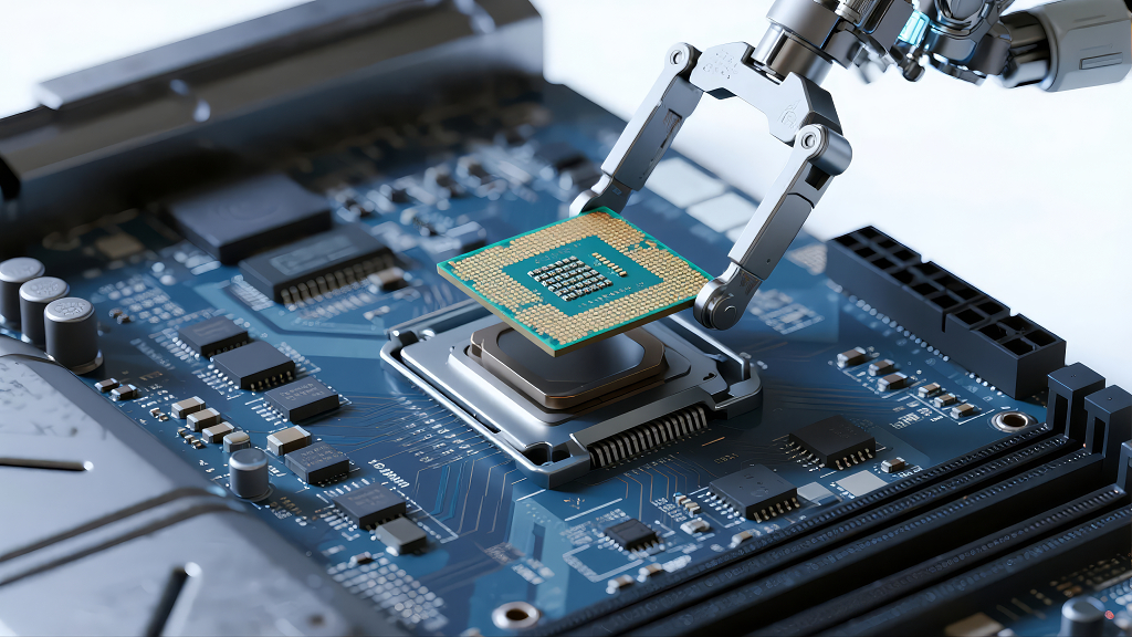 机械臂安装CPU芯片主板高科技工业背景