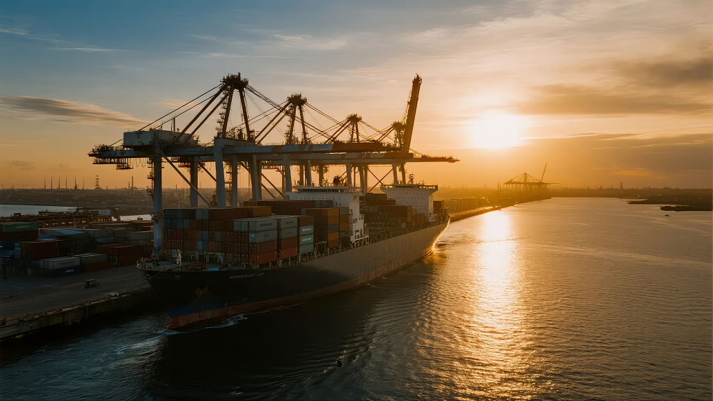 国际贸易港口集装箱货轮日落航拍背景